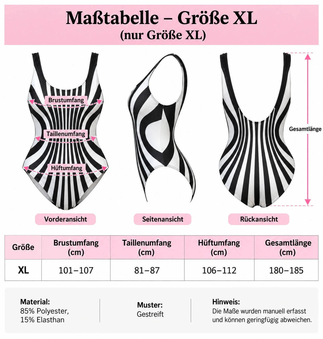 Muster one-piece swimsuit black and white with bold striped pattern and deep back cut.
