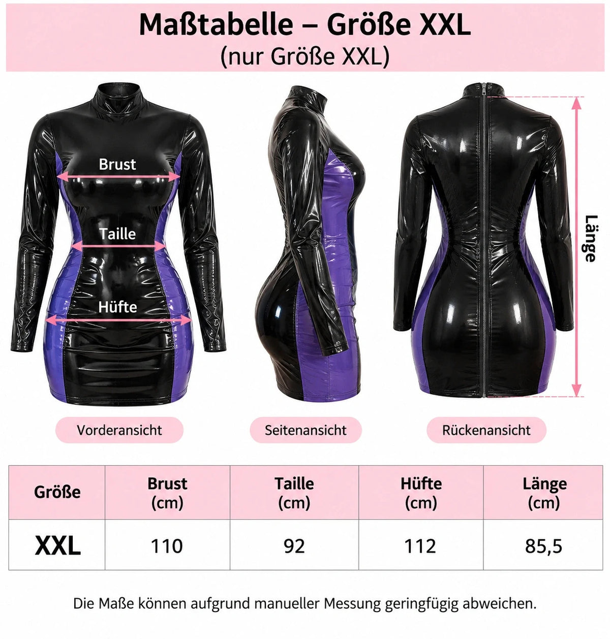 Outfit black and purple bandage dress, shiny wetlook, long sleeves, high collar, back zipper.