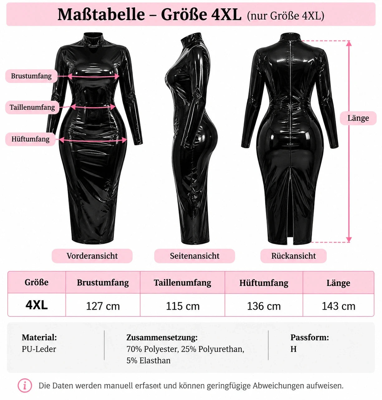Schwarzes Maxikleid aus PU-Leder, glänzende Wetlook-Optik, figurbetont mit hohem Kragen.