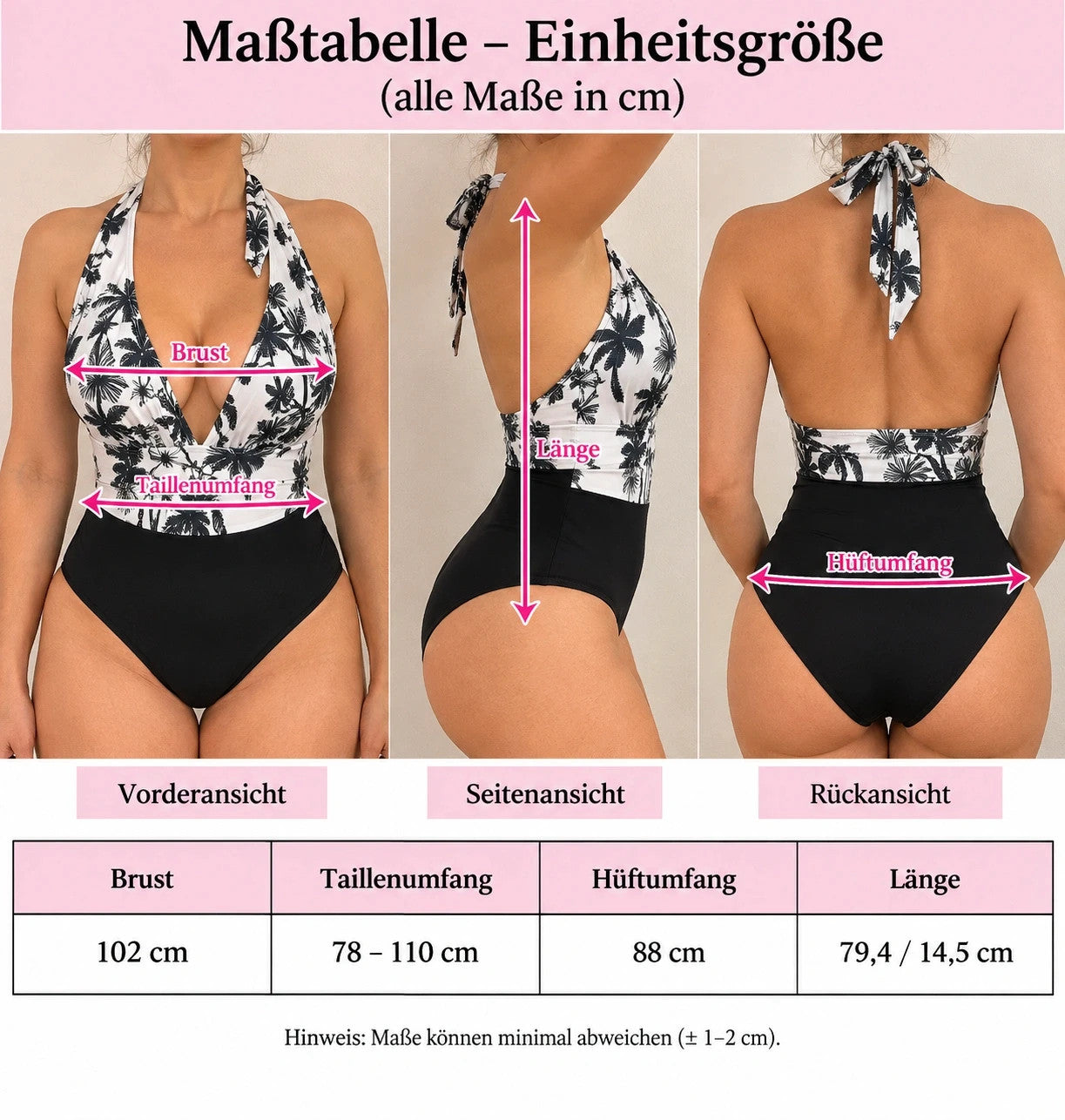 SheIn black and white one-piece swimsuit with palm print, neckholder design, and deep V-neck.