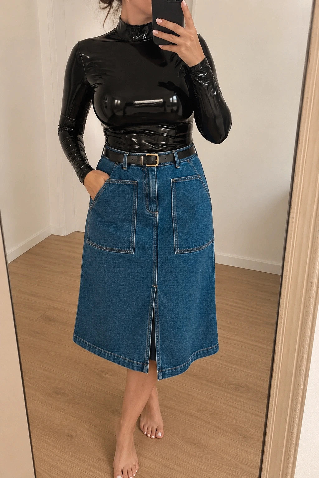 JDY blue denim midi skirt with classic look, versatile for casual or chic outfits.