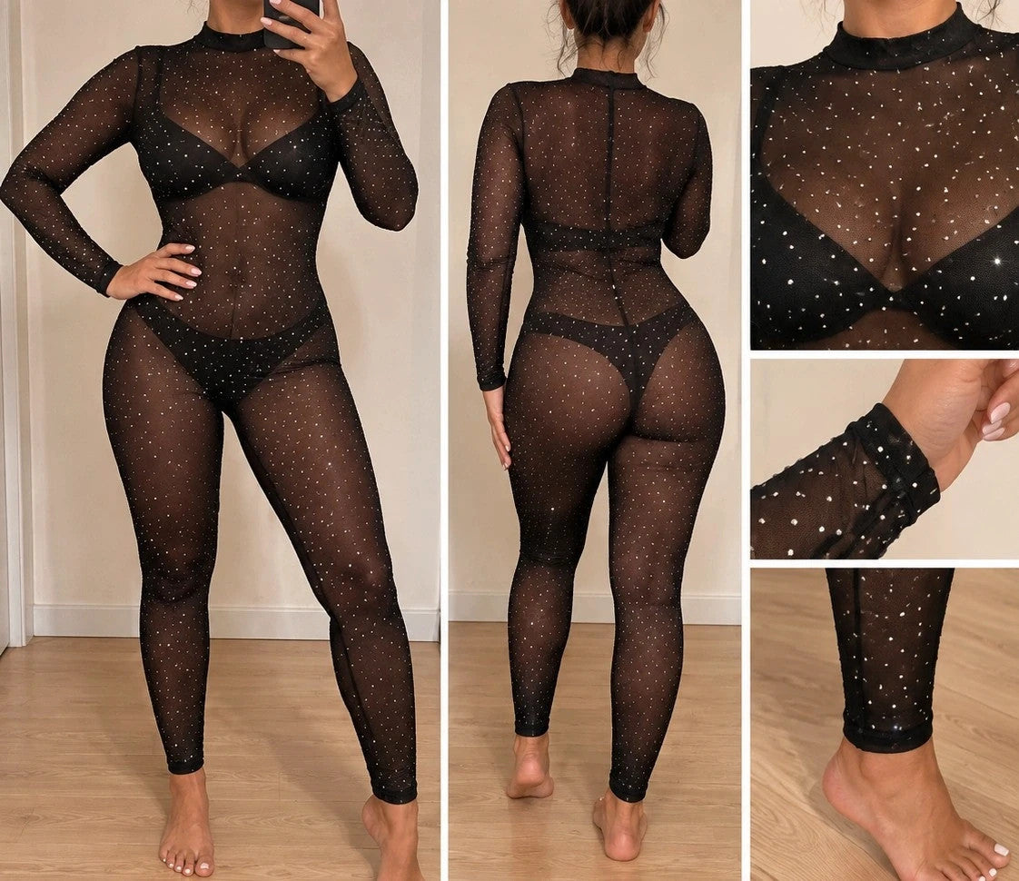 SheIn black jumpsuit sheer fabric with sparkling rhinestone details and long sleeves.