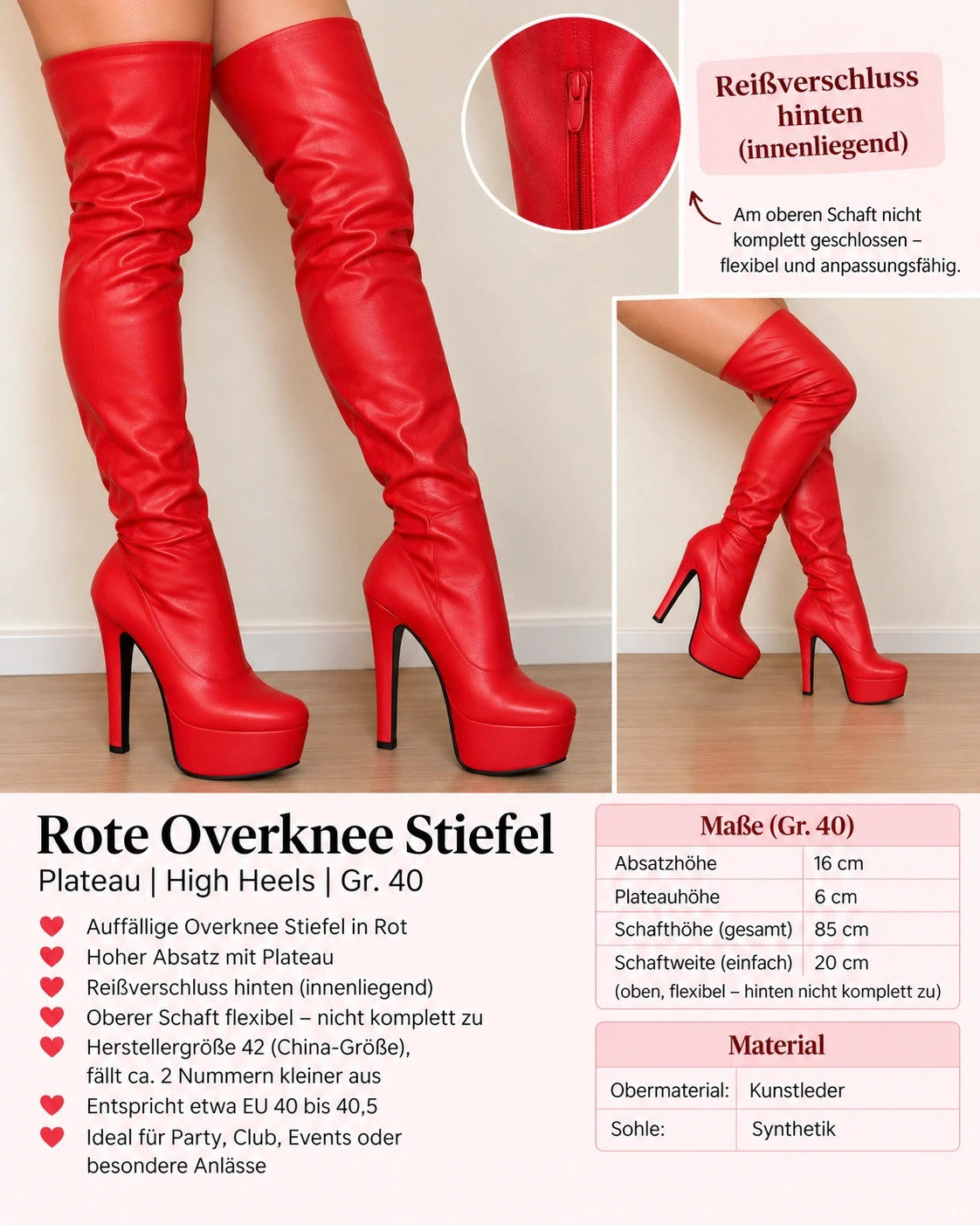 GEF red overknee high heel boots with synthetic material and back zipper detail.