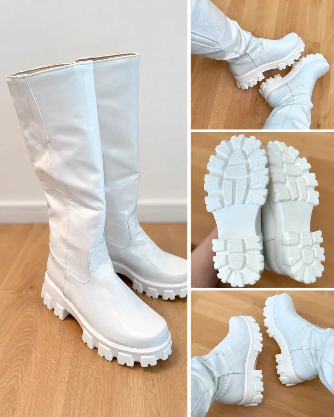 GEF white wetlook ankle boots with shiny finish and chunky sole, size 38.