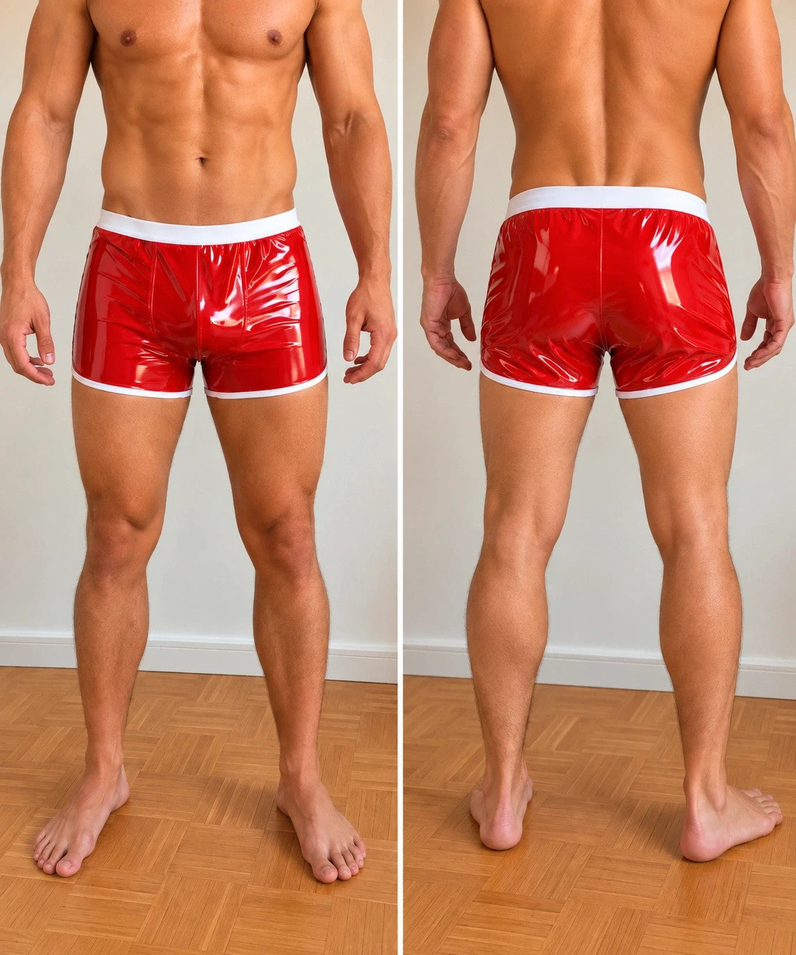 Eine red wetlook boxershorts with white waistband and contrasting leg openings.