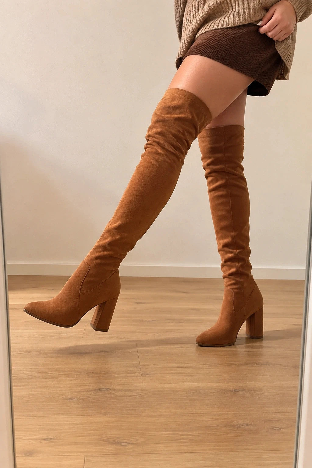 REI brown overknee boots synthetic suede block heel pointed toe design