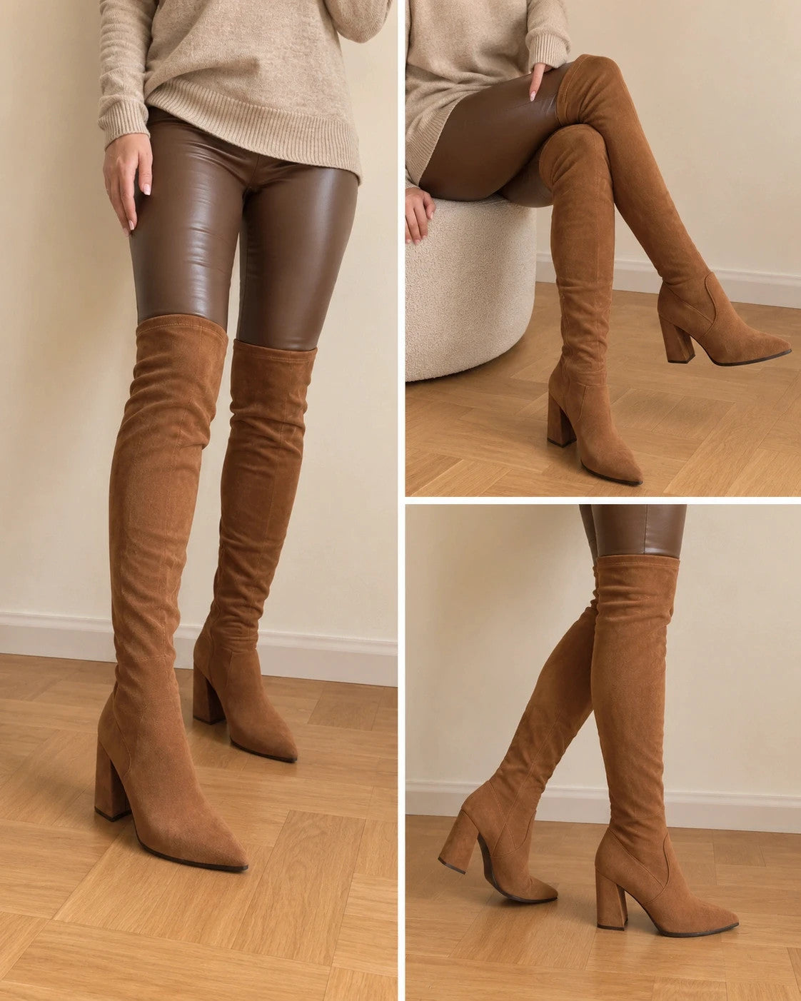 REI brown overknee boots synthetic suede block heel pointed toe design