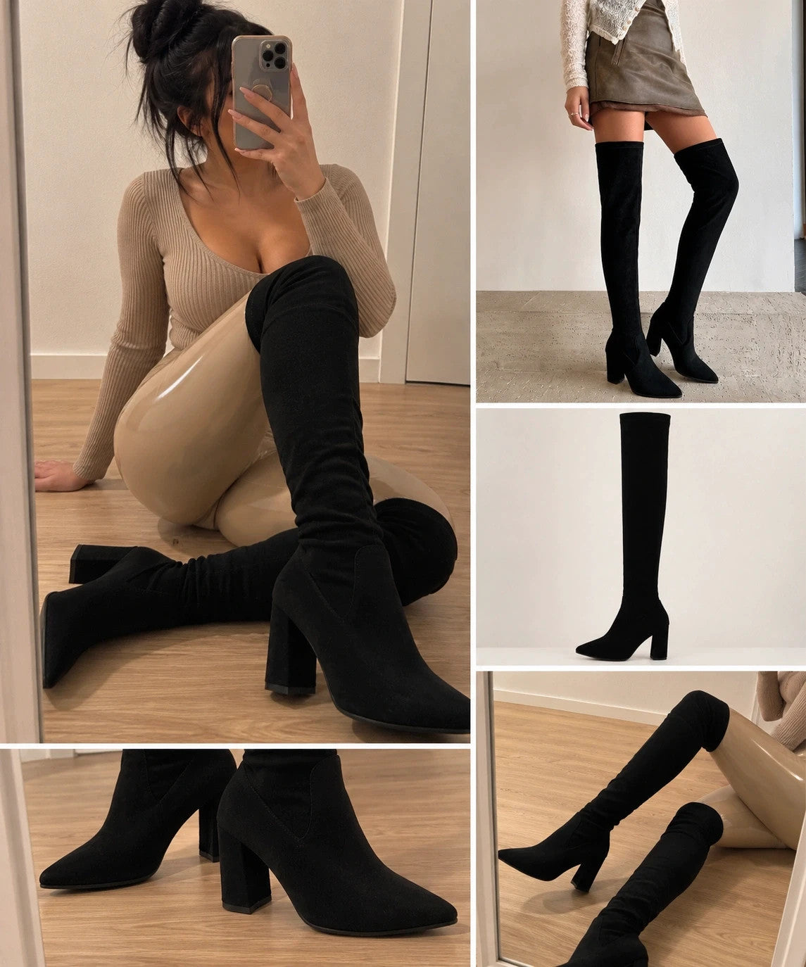 REI brown overknee slip-on boots in soft suede look with pointed toe and block heel.
