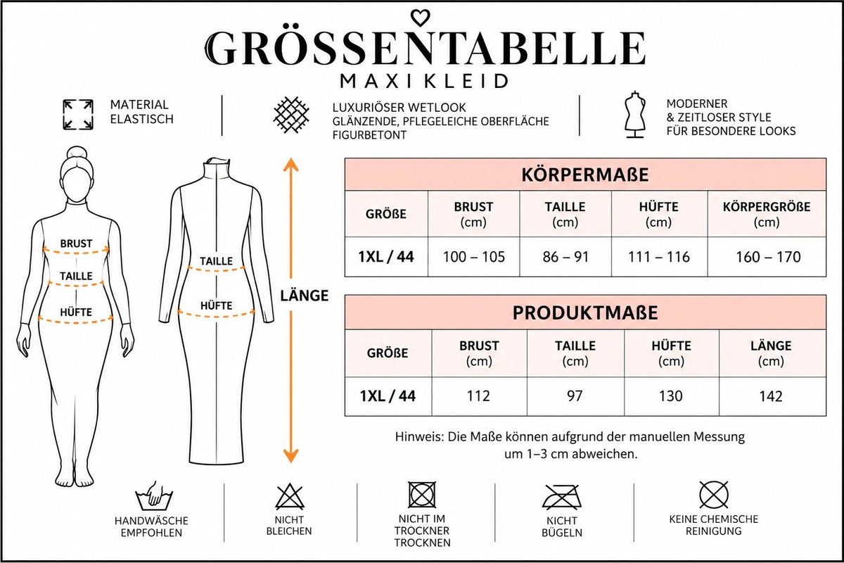 Schwarzes Maxikleid in Wetlook-Optik, figurbetont, lange Ärmel, hoher Kragen.