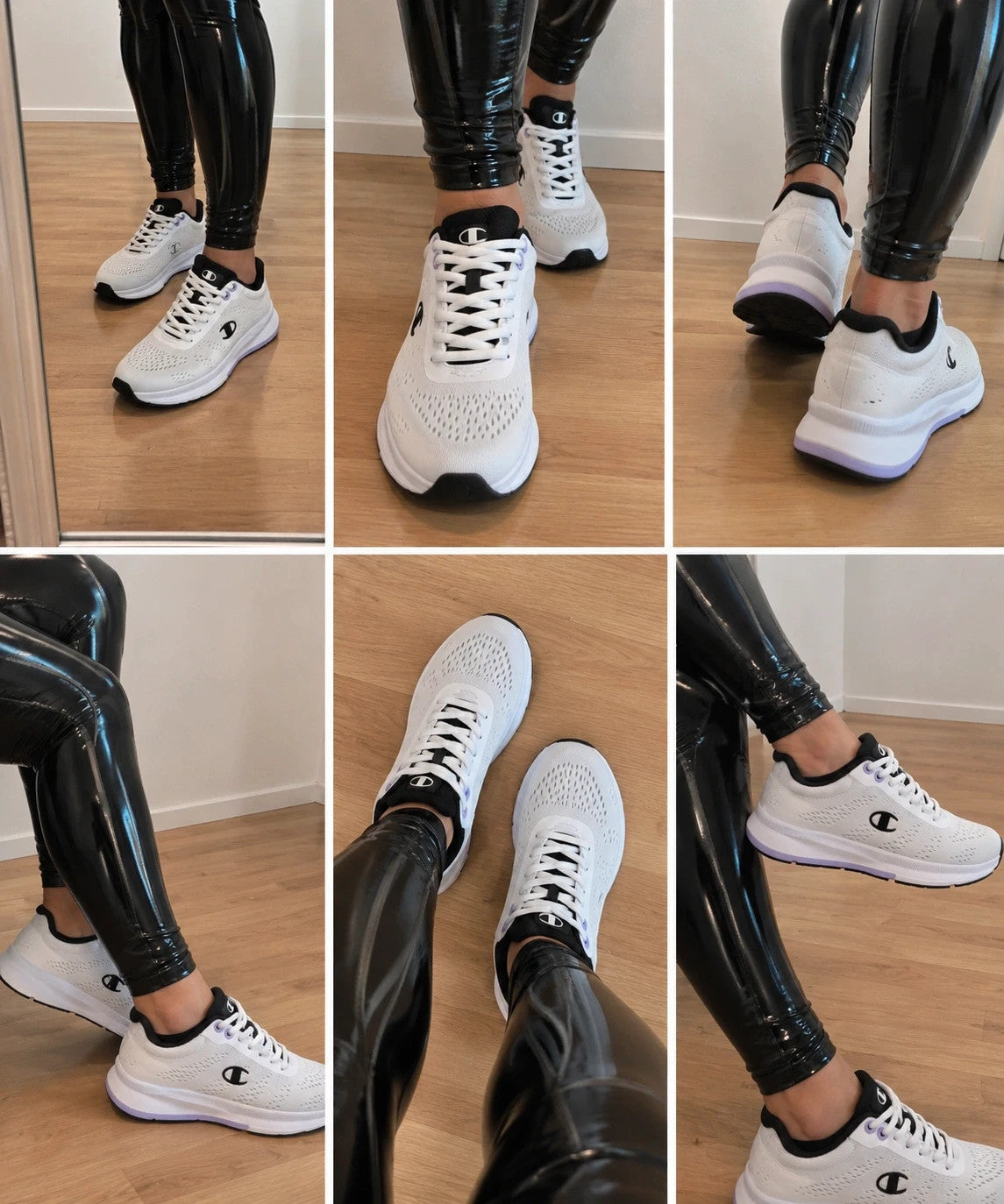Champion white trainers with black and subtle lilac details, lightweight textile material.