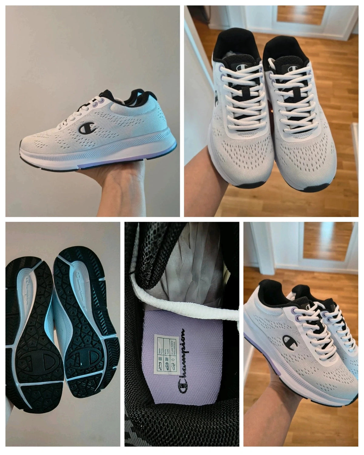 Champion white trainers with black and subtle lilac details, lightweight textile material.