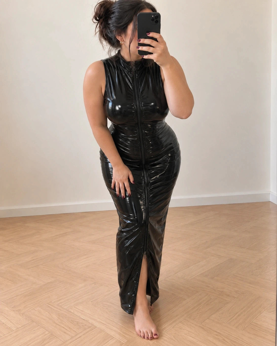 REI black linen maxi dress with glossy wetlook finish and high neckline, size 3XL.