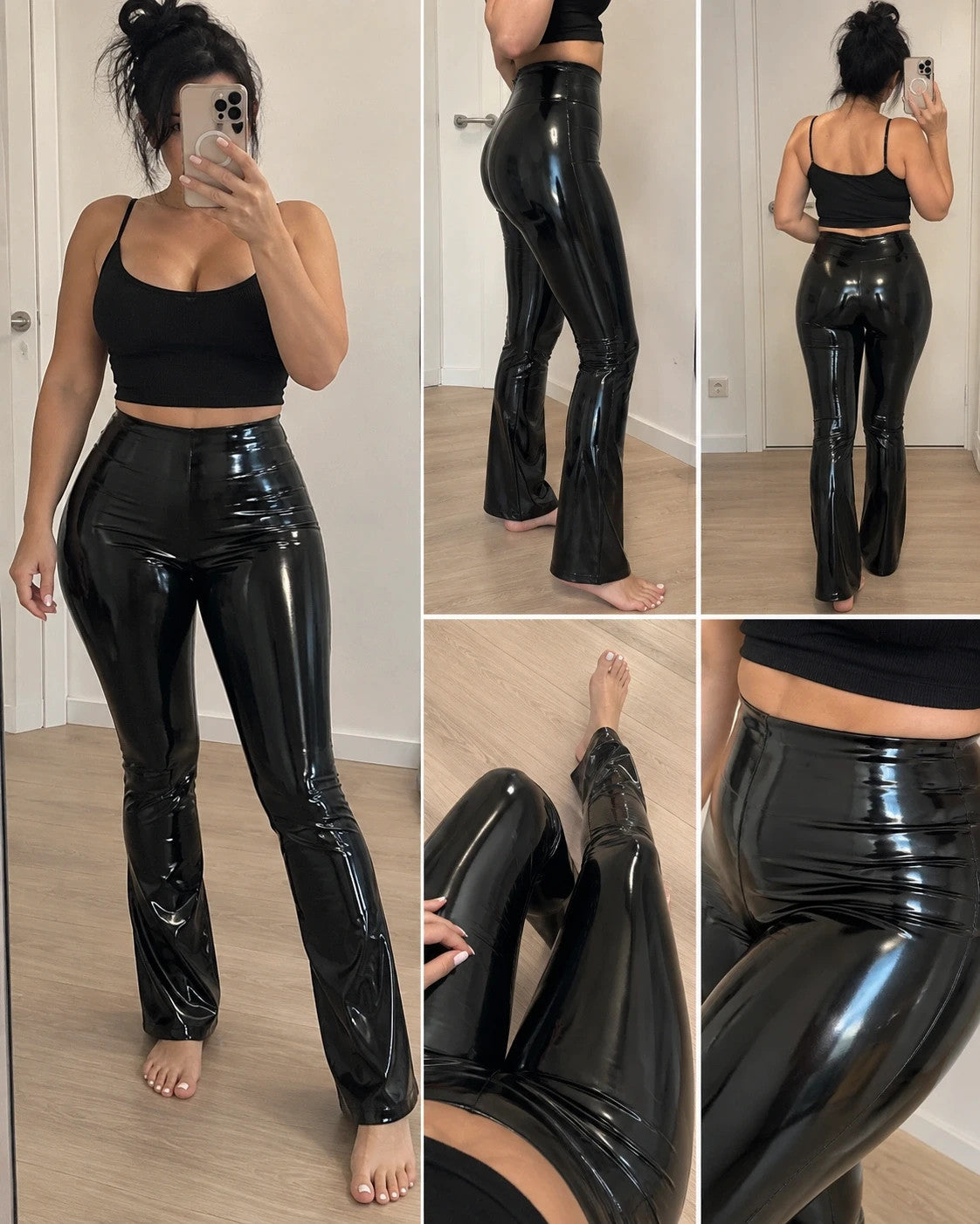Leggings black wetlook bootcut leggings high waist glossy finish size M