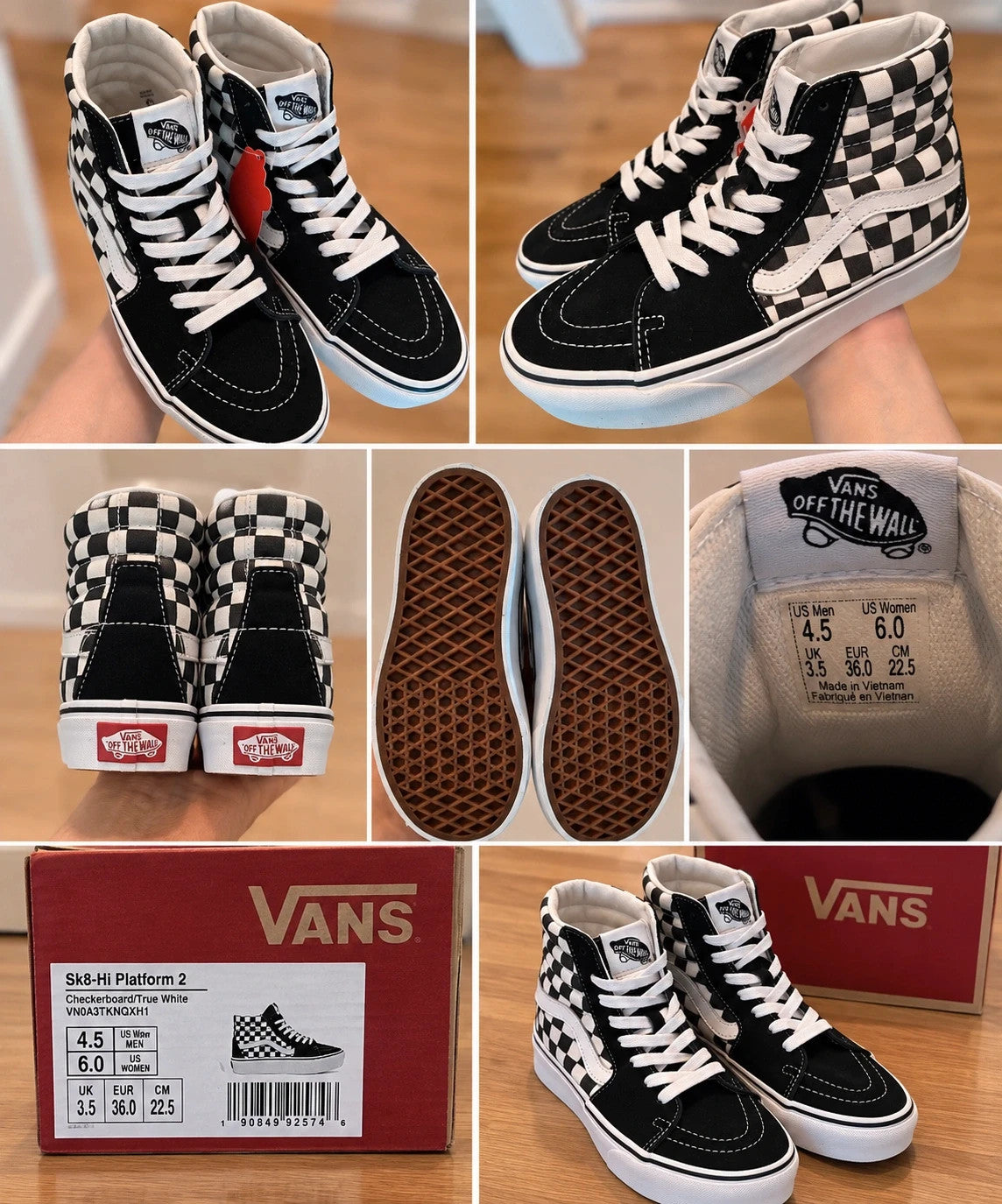 VANS trainers black and white checkered leather high-top with wedge heel and logo.