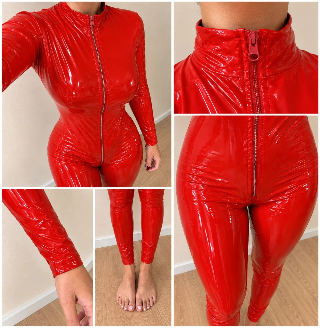 REI red jumpsuit shiny wetlook finish with front zipper and high collar.