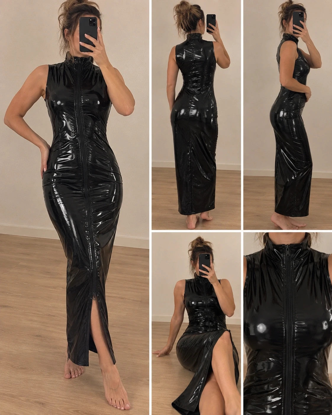 REI black linen maxi dress with glossy PU leather finish and front zipper.