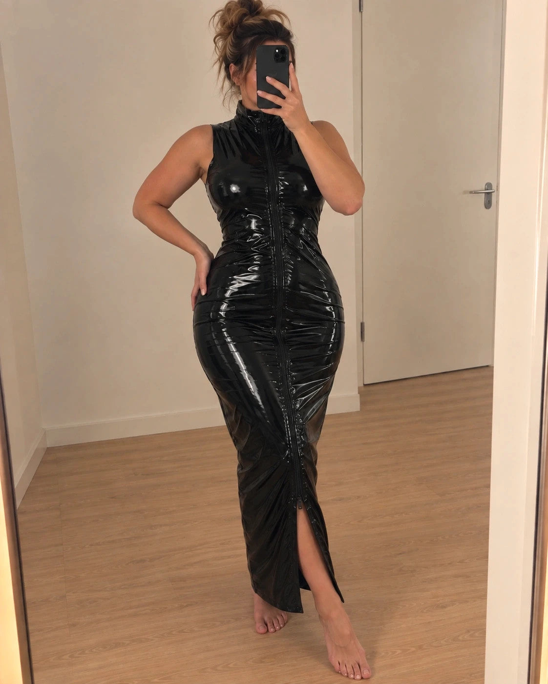 REI black linen maxi dress with glossy PU leather finish and front zipper.