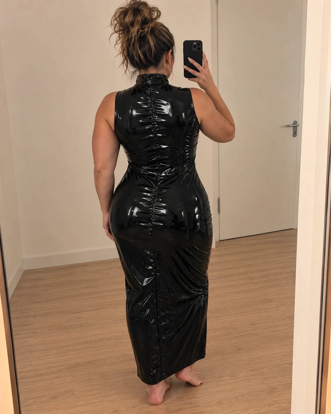 REI black linen maxi dress with glossy PU leather finish and front zipper.