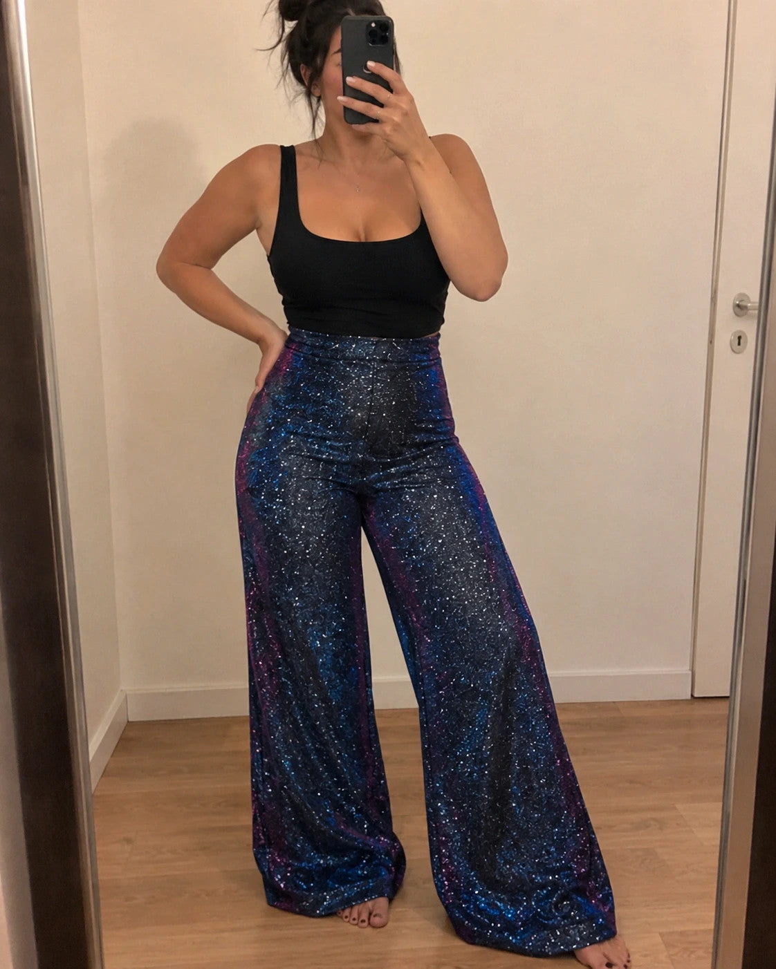 SheIn blue glitter flared pants high waist with color-changing effect and back zipper.