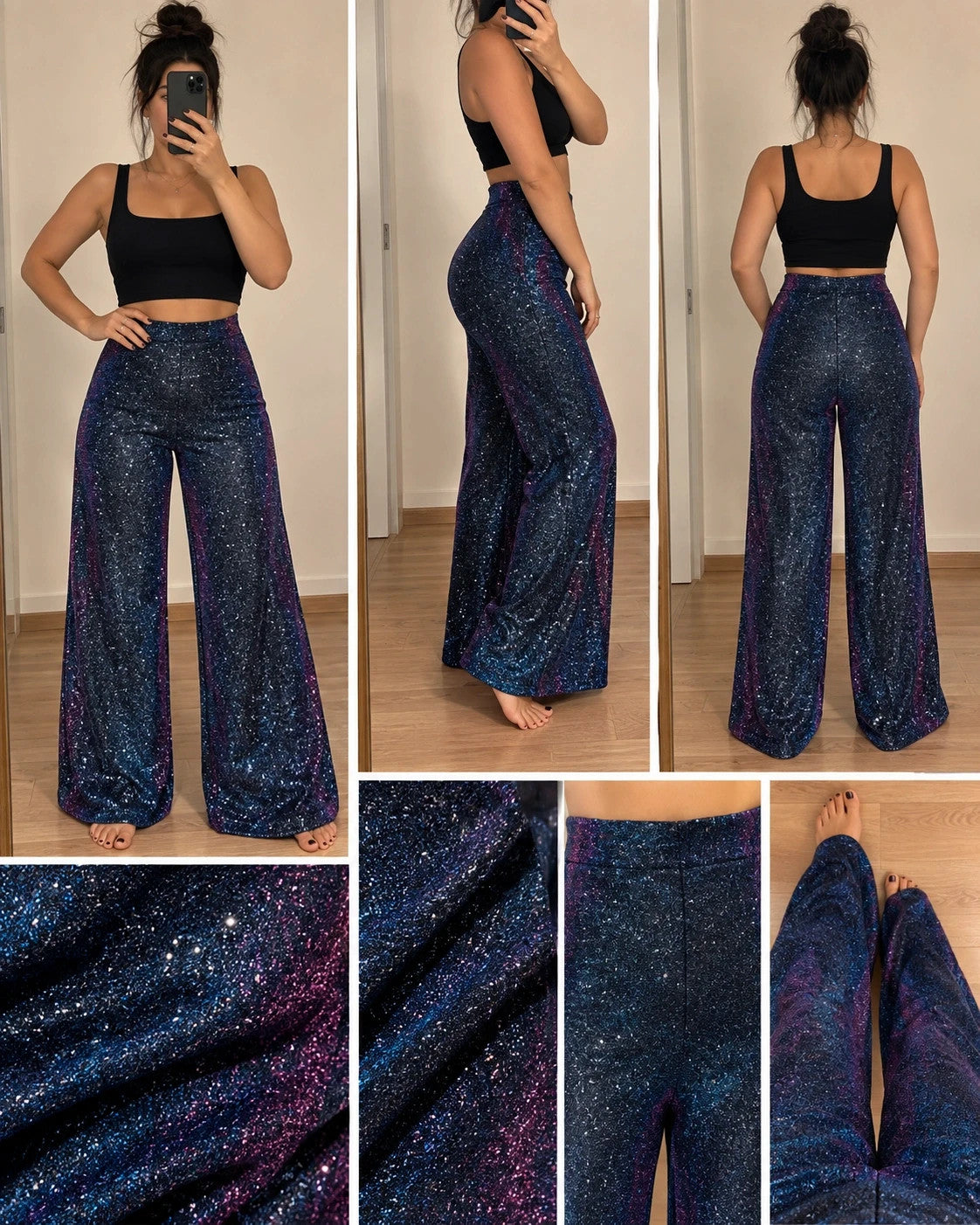 SheIn blue glitter flared pants high waist with color-changing effect and back zipper.