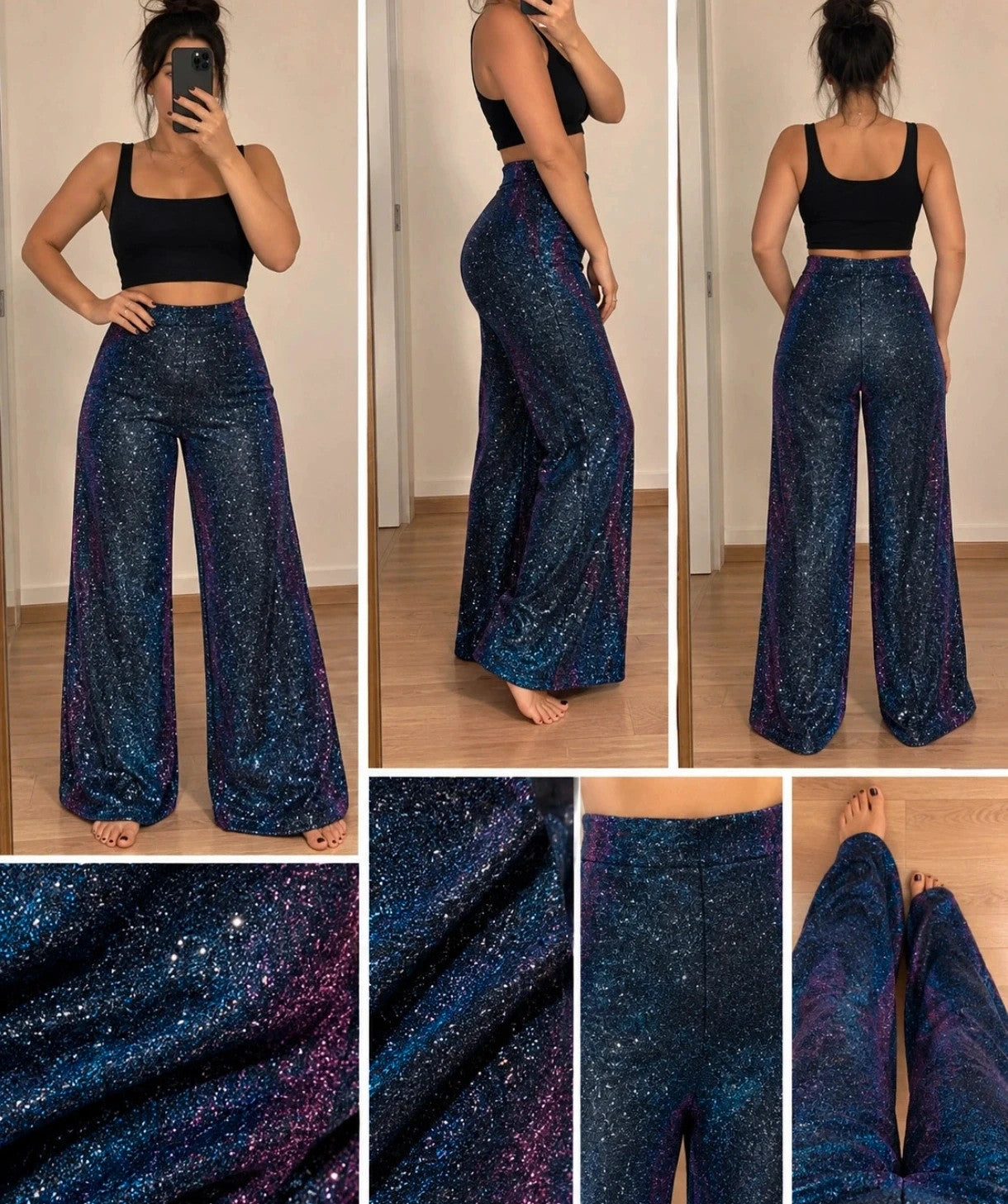 SheIn blue violet high waist glitter flared pants with shimmering color change effect.