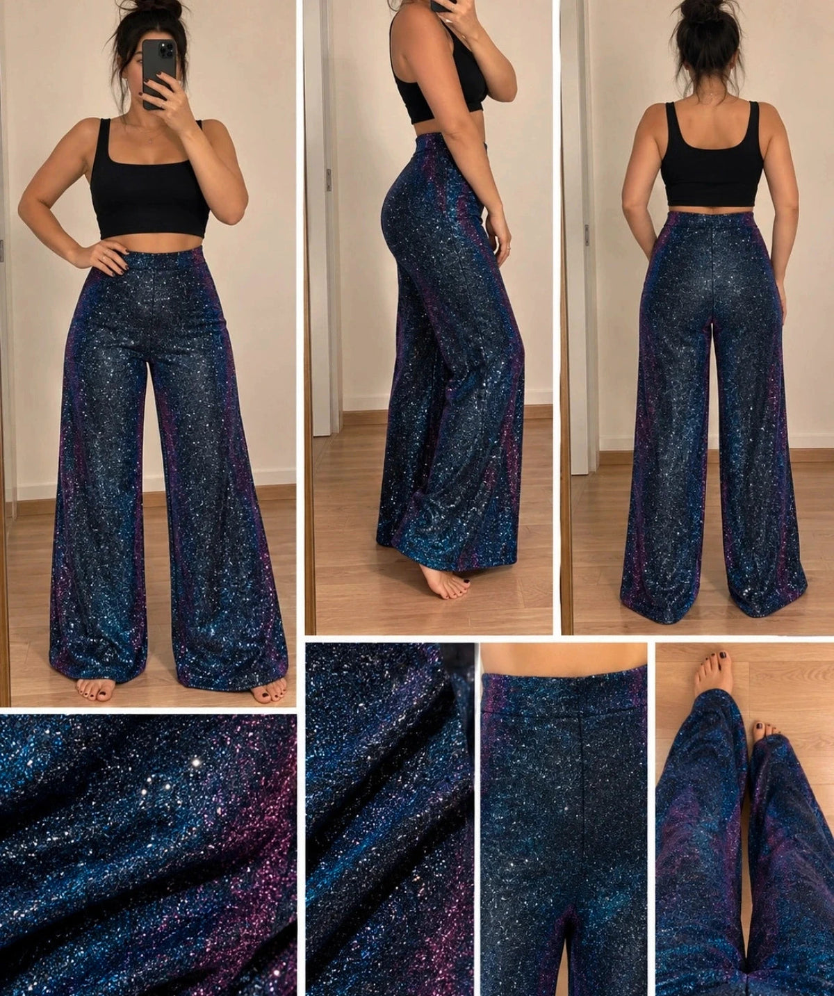 SheIn blue violet high waist glitter flared pants with shimmering color change effect.