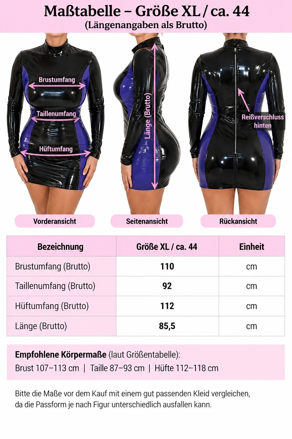 XXL black and purple bandage dress with glossy wetlook finish and long sleeves.
