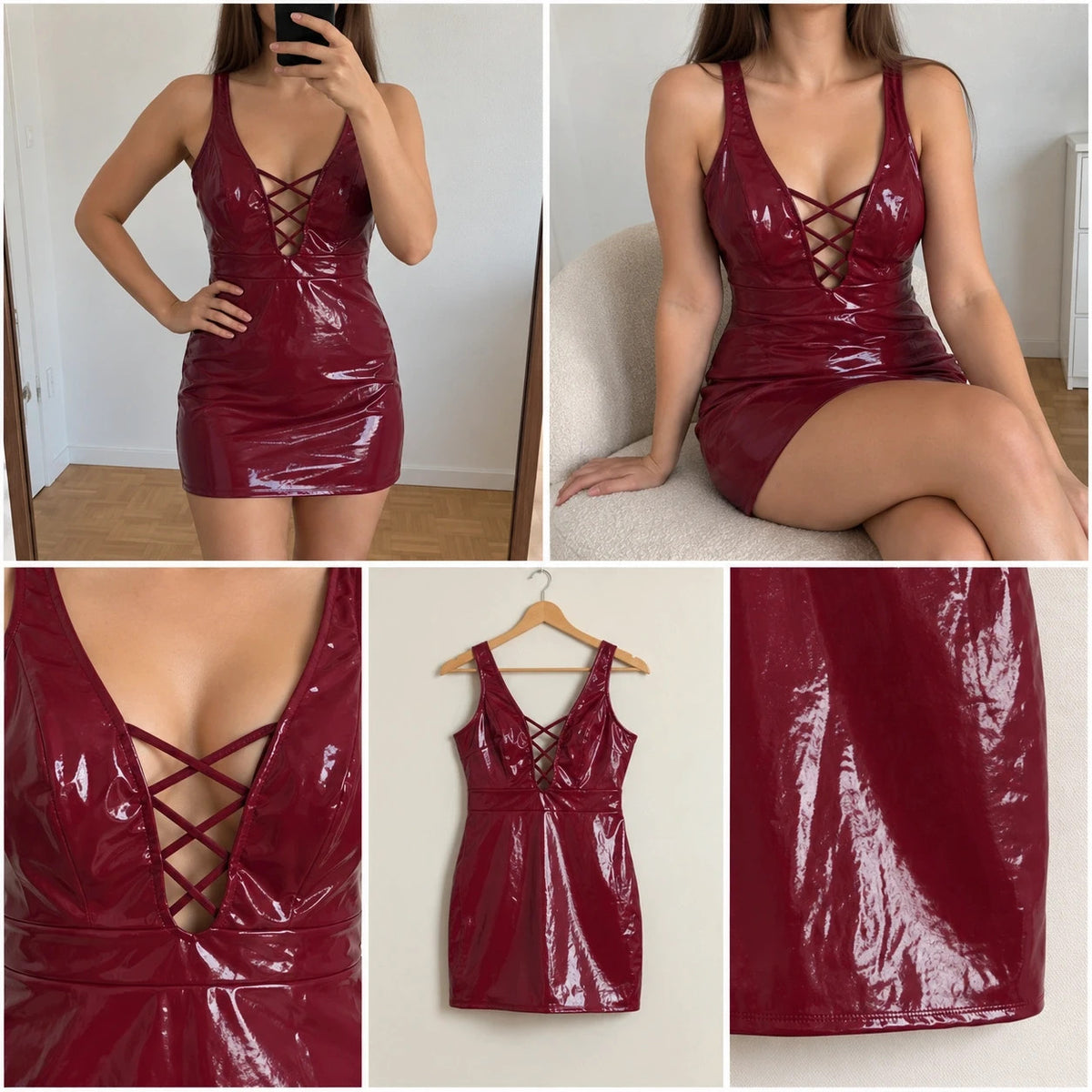 SheIn burgundy bandage dress wetlook finish deep V-neck with front and back lacing