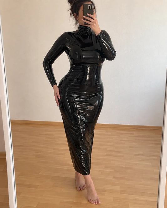 REI black linen maxi dress with glossy wetlook finish and high collar.