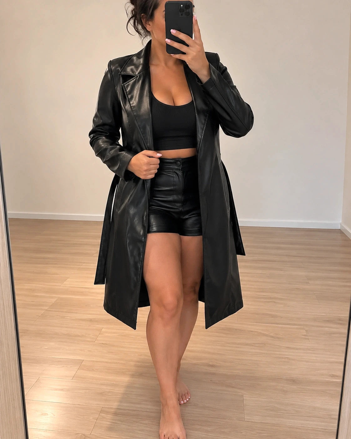 SheIn black trench coat with belt, glossy PU leather, classic lapel collar, size L.