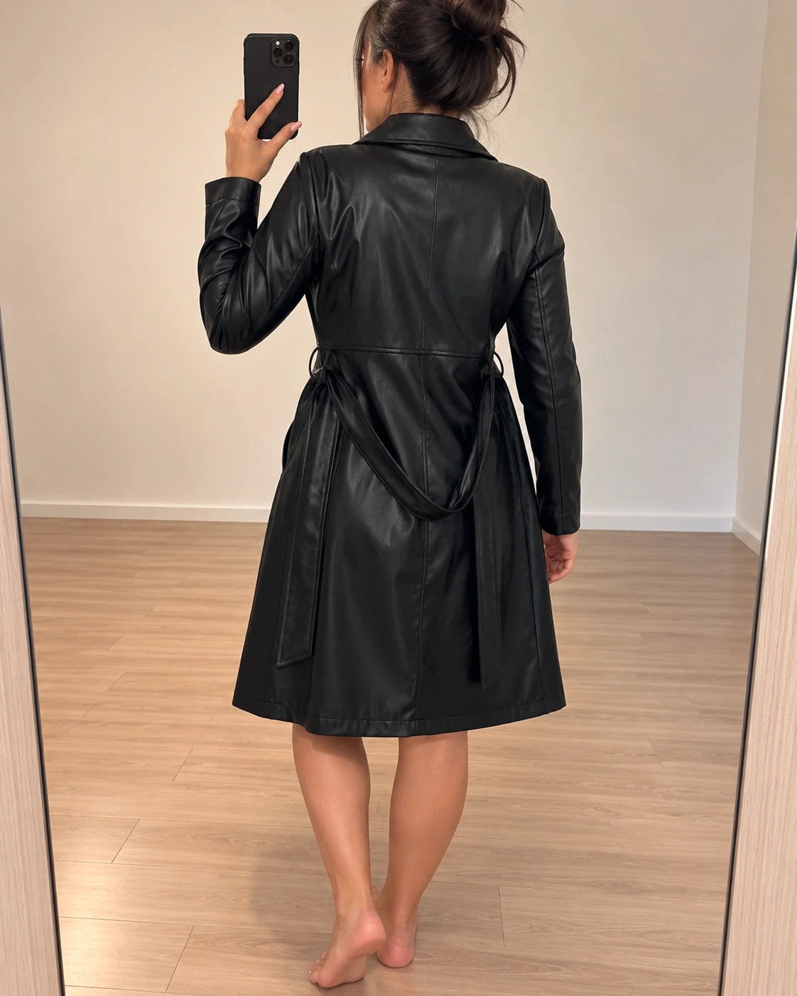 SheIn black trench coat with belt, glossy PU leather, classic lapel collar, size L.