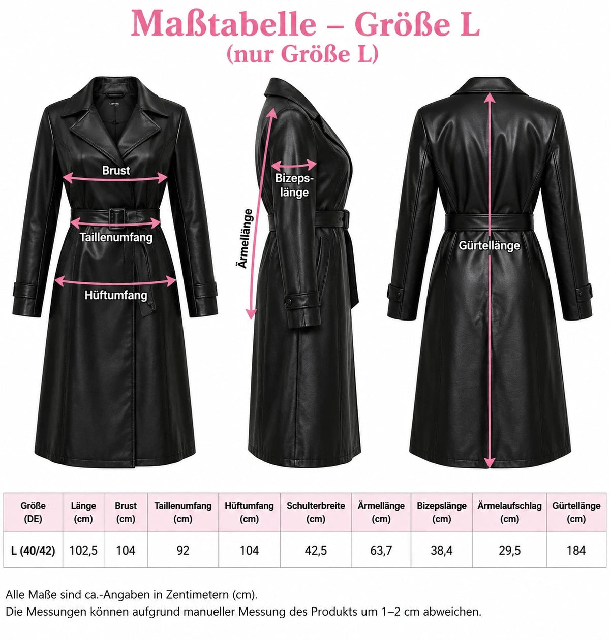SheIn black trench coat with belt, glossy PU leather, classic lapel collar, size L.
