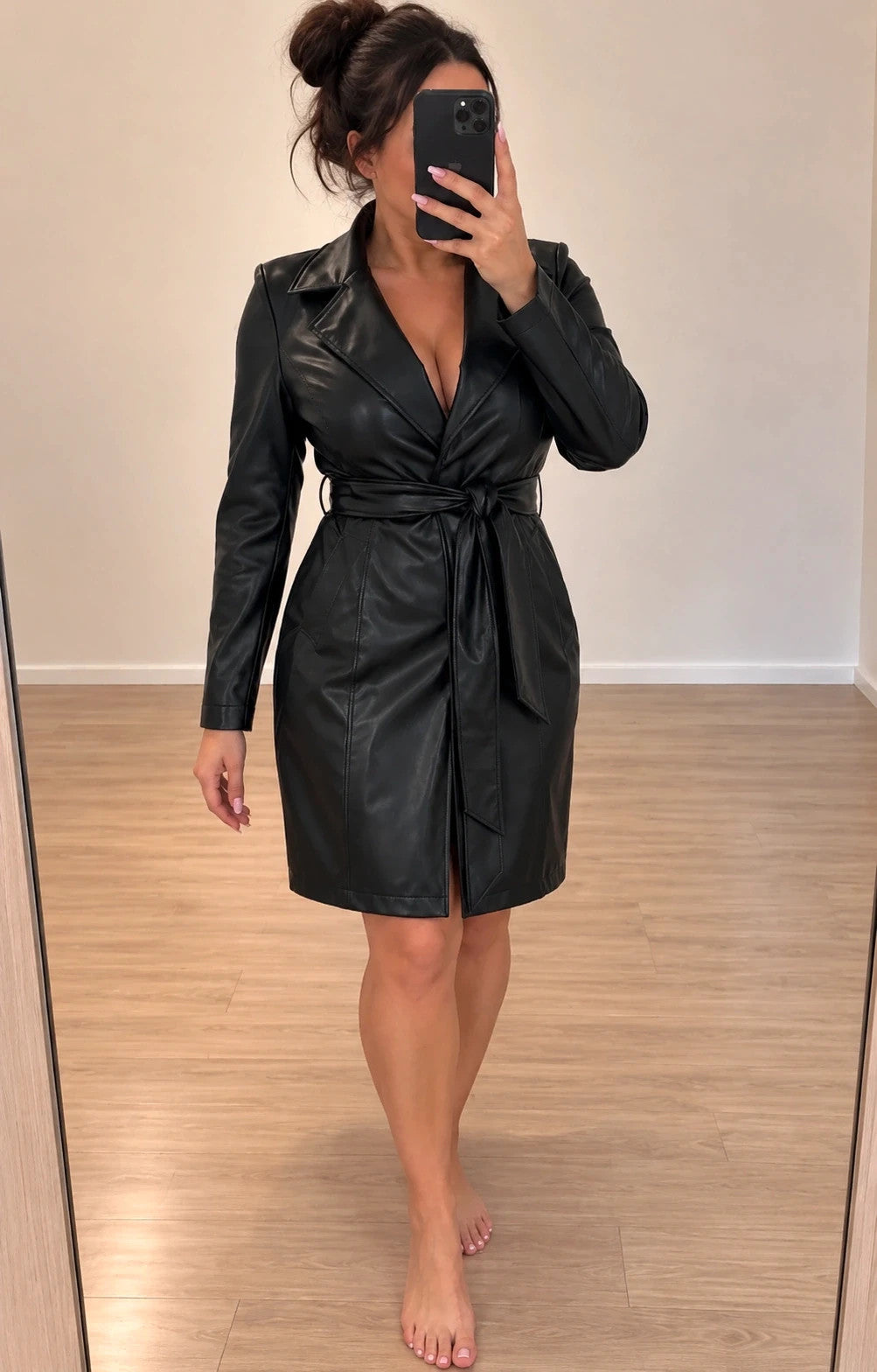 SheIn black trench coat with belt, glossy PU leather, classic lapel collar, size L.