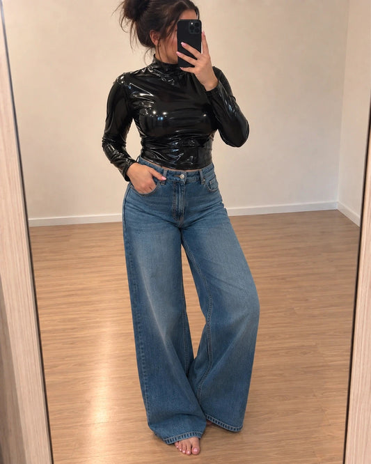 SheIn blue wide leg jeans high waist with classic denim look and front button closure.