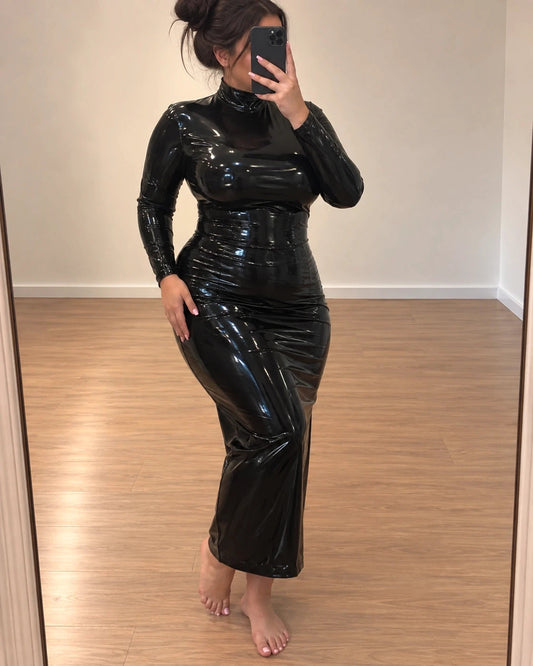 REI black linen maxi dress with high-gloss wetlook finish and long sleeves.