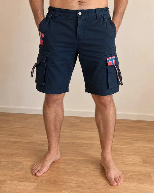 Nebulus navy cargo shorts with multiple pockets and small logo details.