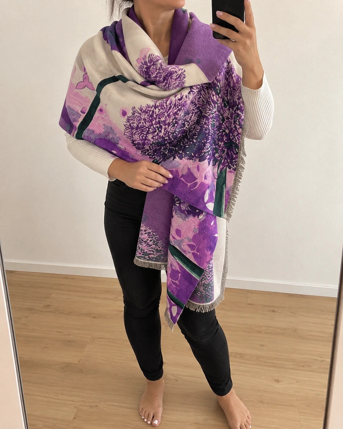 ALS multi shawl purple floral pattern with fringes, soft polyester material.