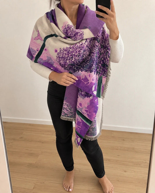 ALS multi shawl purple floral pattern with fringes, soft polyester material.