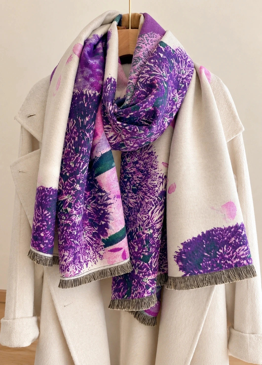 ALS multi shawl purple floral pattern with fringes, soft polyester material.