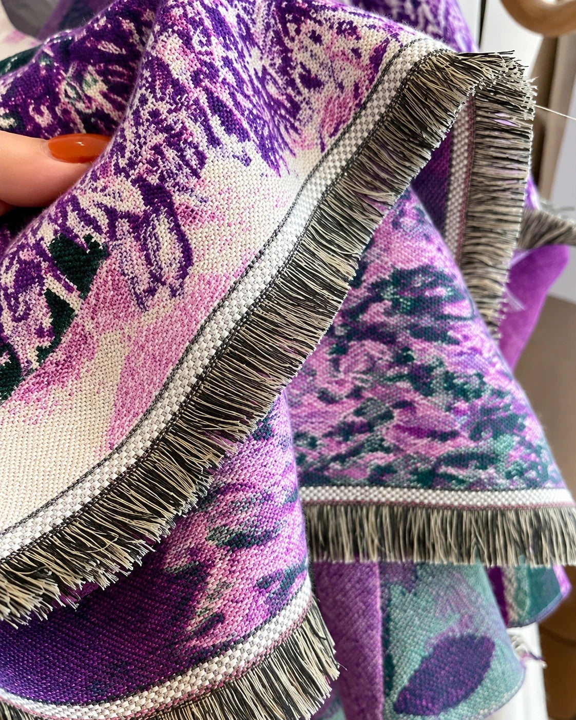 ALS multi shawl purple floral pattern with fringes, soft polyester material.