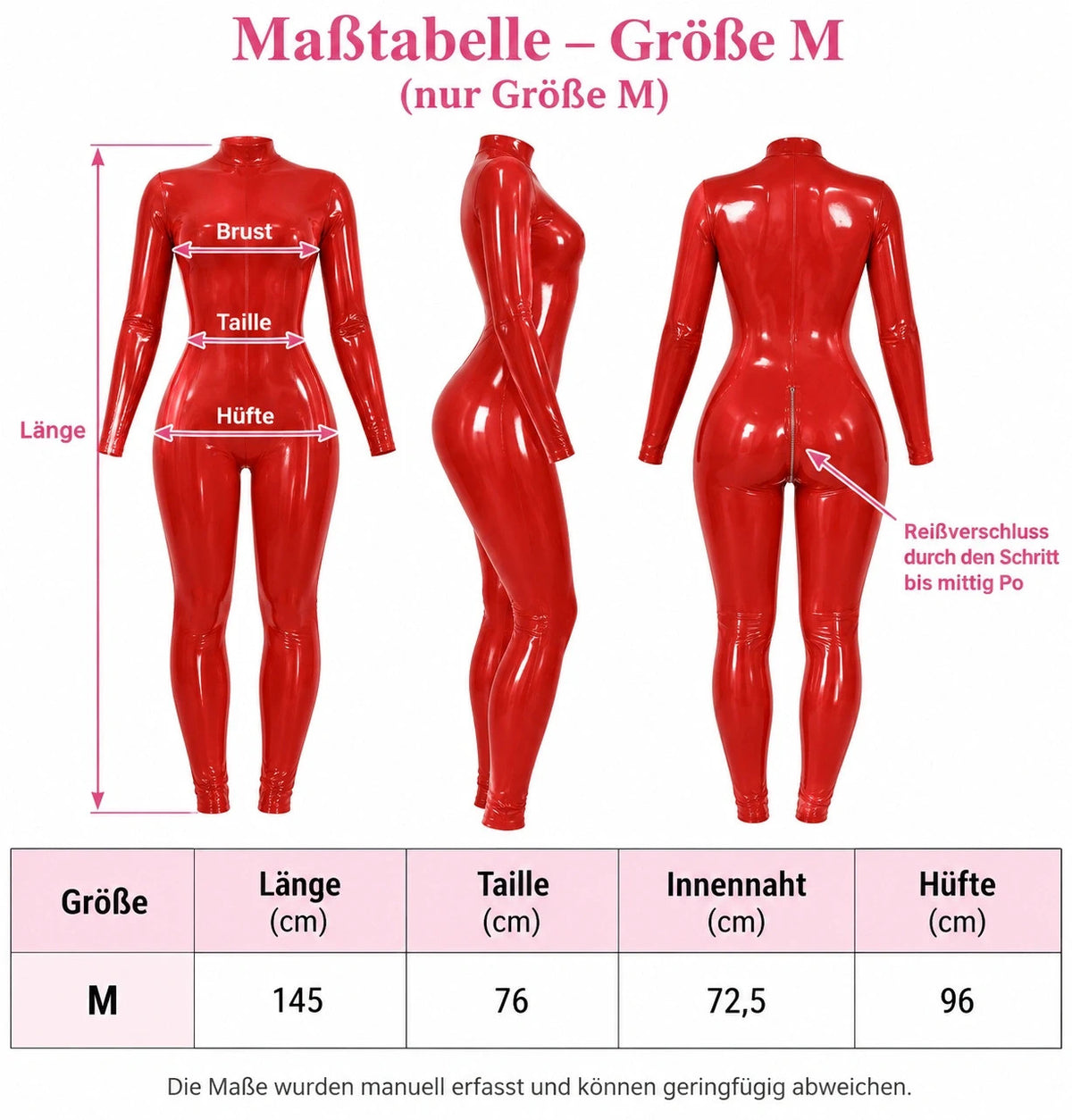 REI red jumpsuit high-gloss wetlook with front zipper and fitted design