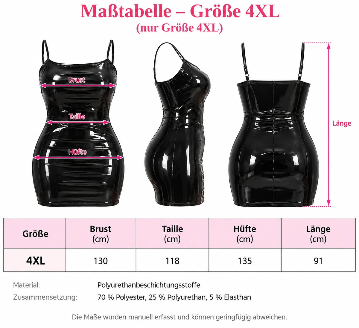REI black bandage dress with shiny wetlook finish and adjustable spaghetti straps.