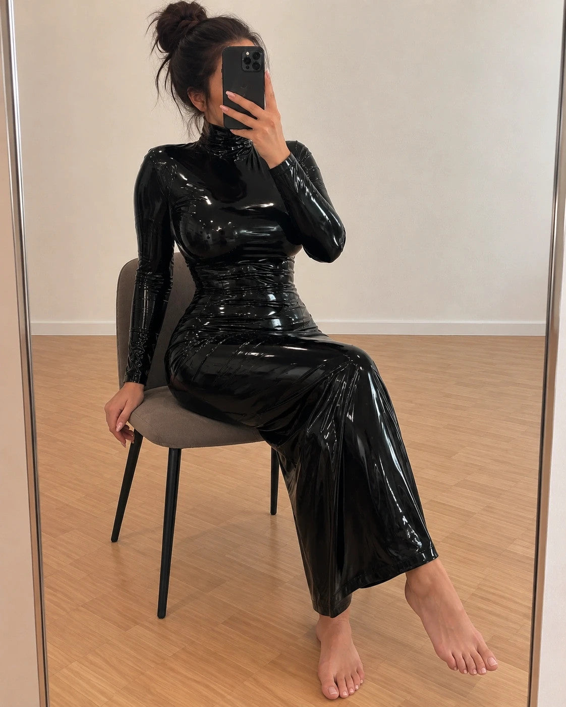 REI black bandage dress high neck long sleeve wetlook finish with back zipper.
