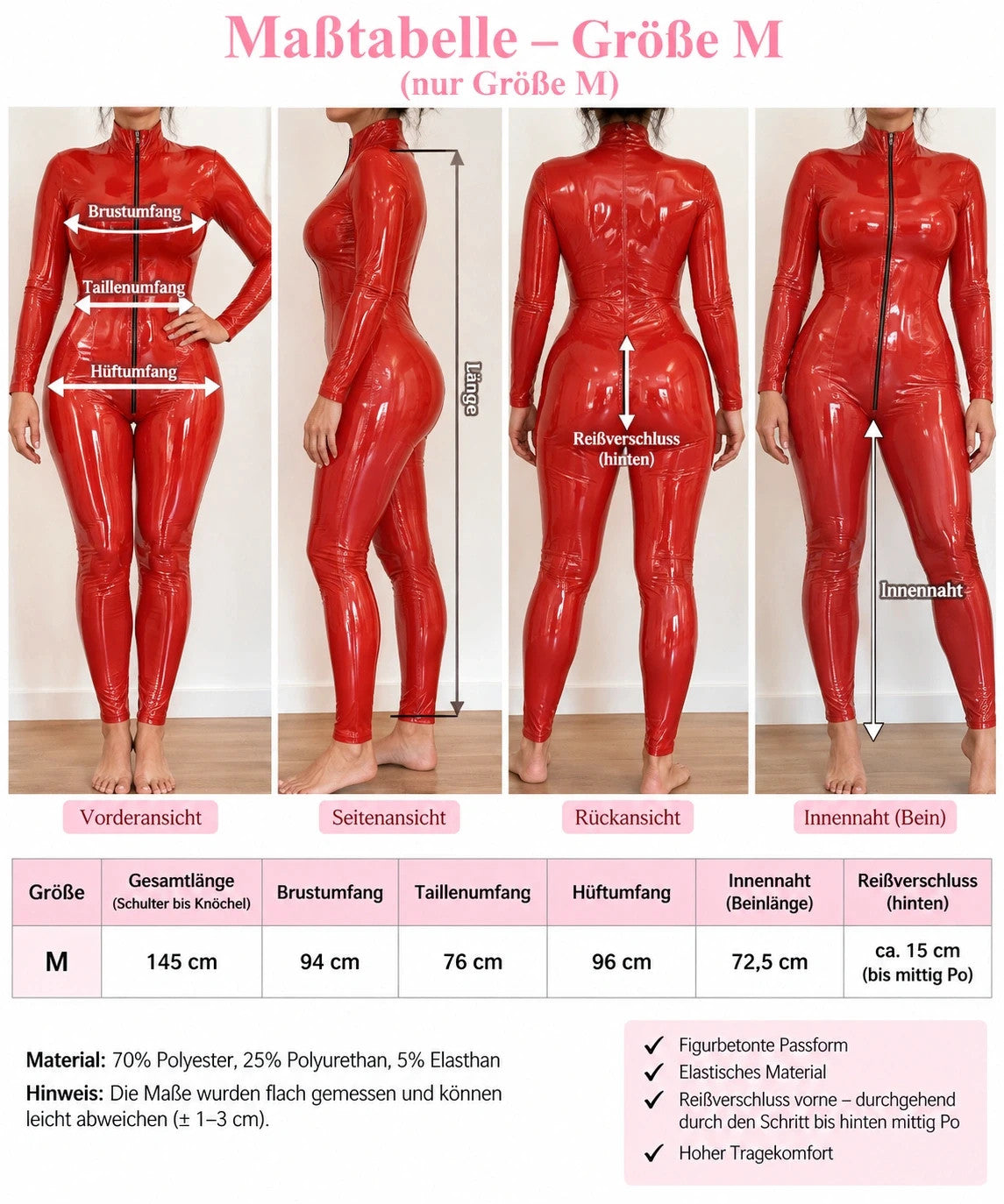 REI red jumpsuit glossy wetlook material with front zipper and high collar.