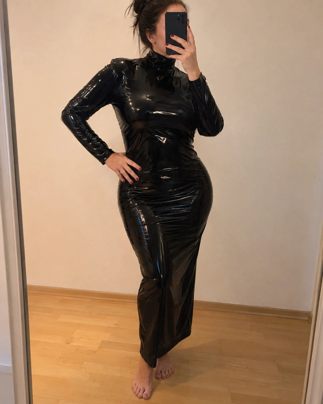 L'ange black maxi dress high-neck long sleeves glossy wetlook PU leather material