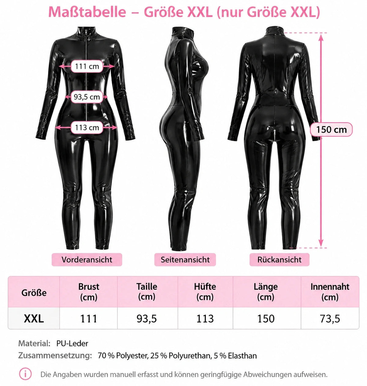 XXL black jumpsuit high-shine wetlook with front zipper and fitted design.