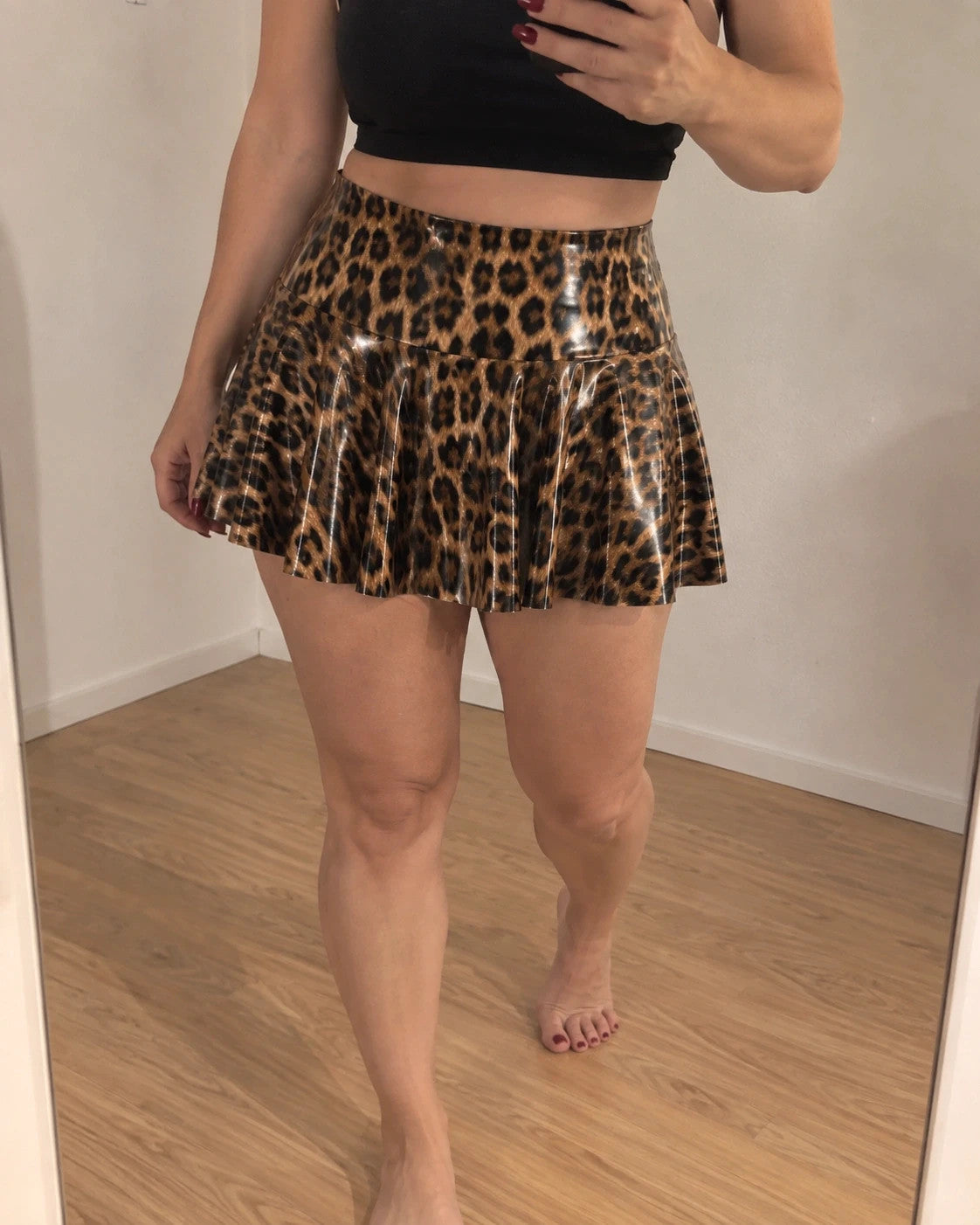 breiter black and brown leopard print mini skirt glossy PU leather with flared hem