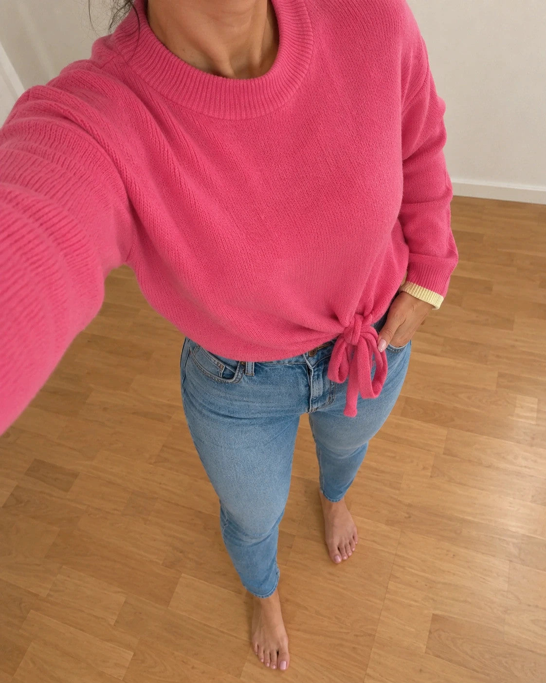 ONLY pink oversized pullover with drawstring detail and cream contrast stripes on sleeves.