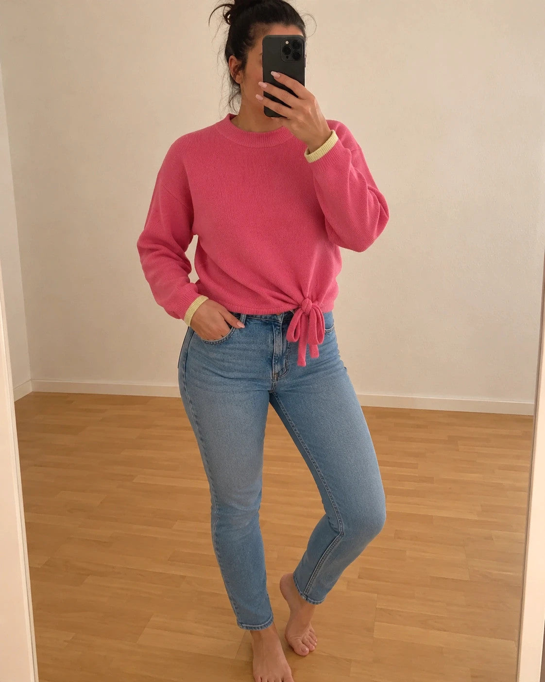 ONLY pink oversized pullover with drawstring detail and cream contrast stripes on sleeves.