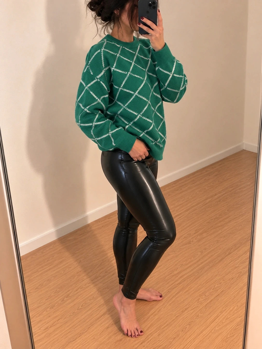 ONLY green and cream oversized pullover with checkered pattern and soft knit material.